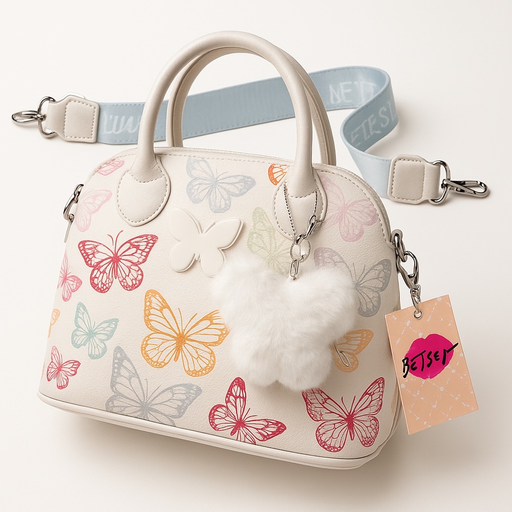 Betsey Johnson Butterfly Satchel Bag White Crossbody Purse w/ Furry Charm Wings